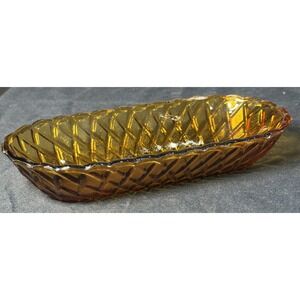 Vintage Indiana Amber Carnival Glass Oval Dish Relish Dish Pretzel Basket Weave